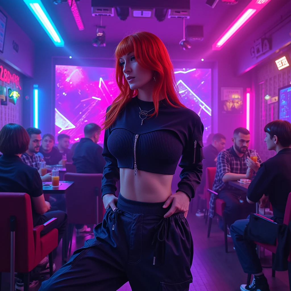 mad-cbrpnkjckt01, woman wearing croptop and shrugs,  black cargo pants, red hair, futuristic night club, neon lights, light beams, holograms