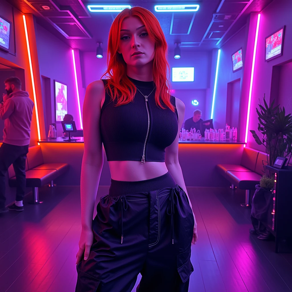 mad-cbrpnkjckt01, woman wearing croptop and shrugs,  black cargo pants, red hair, futuristic night club, neon lights, light beams, holograms