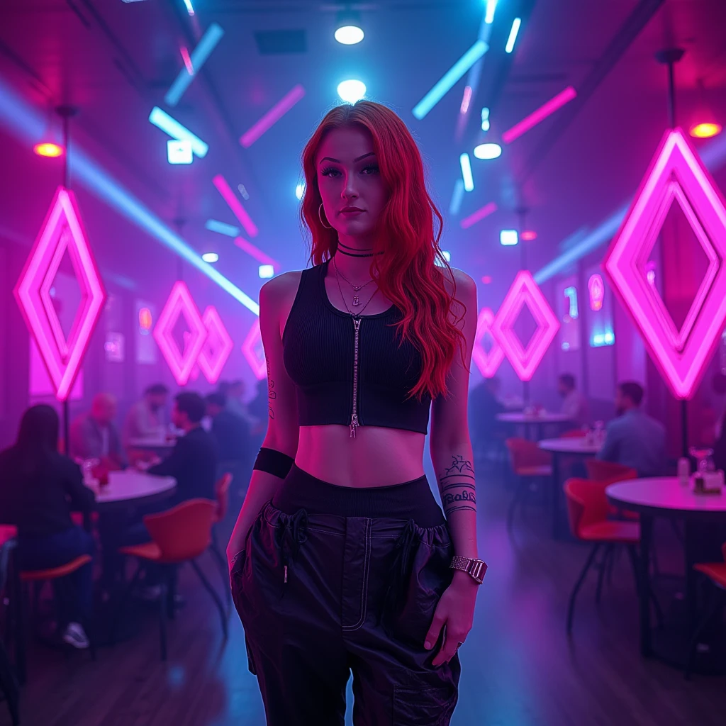 mad-cbrpnkjckt01, woman wearing croptop and shrugs,  black cargo pants, red hair, futuristic night club, neon lights, light beams, holograms