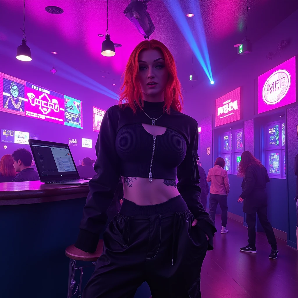 mad-cbrpnkjckt01, woman wearing croptop and shrugs,  black cargo pants, red hair, futuristic night club, neon lights, light beams, holograms