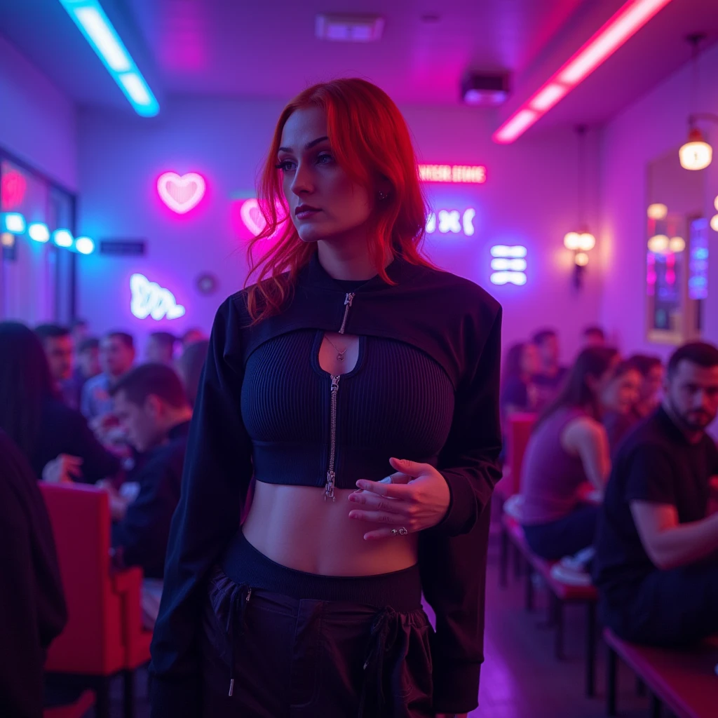 mad-cbrpnkjckt01, woman wearing croptop and shrugs,  black cargo pants, red hair, futuristic night club, neon lights, light beams, holograms