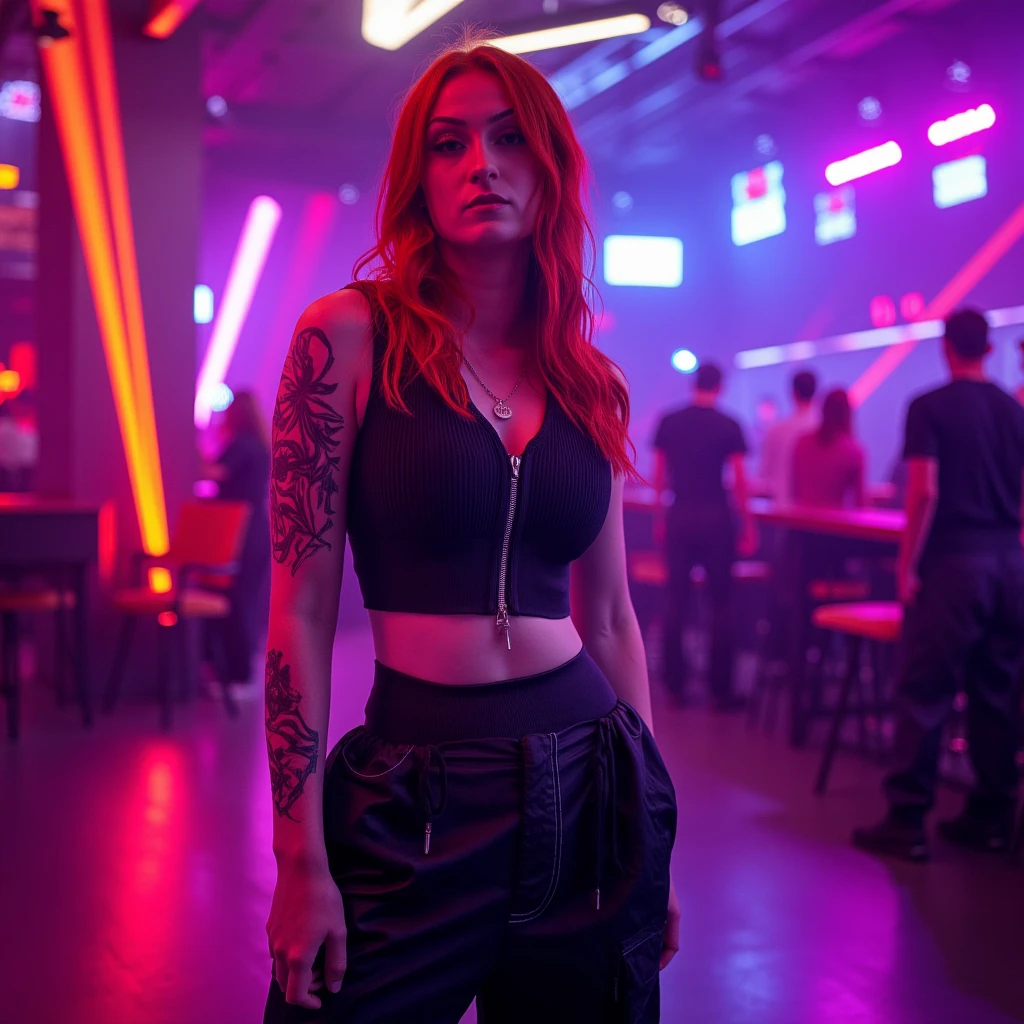 mad-cbrpnkjckt01, woman wearing croptop and shrugs,  black cargo pants, red hair, futuristic night club, neon lights, light beams, holograms