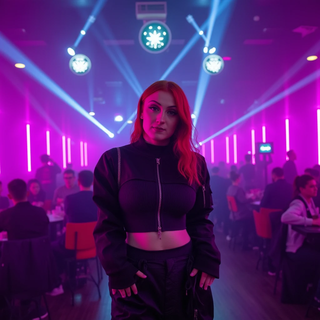 mad-cbrpnkjckt01, woman wearing croptop and shrugs,  black cargo pants, red hair, futuristic night club, neon lights, light beams, holograms