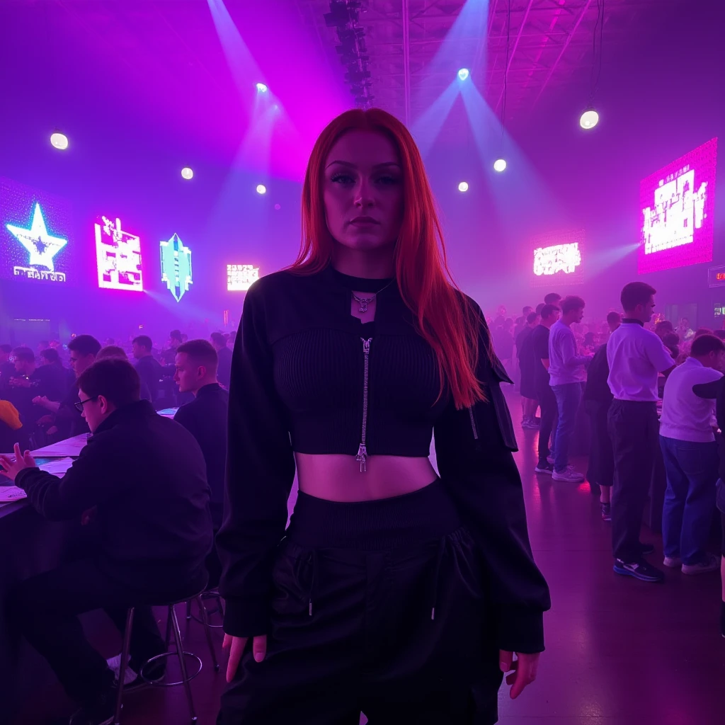 mad-cbrpnkjckt01, woman wearing croptop and shrugs,  black cargo pants, red hair, futuristic night club, neon lights, light beams, holograms