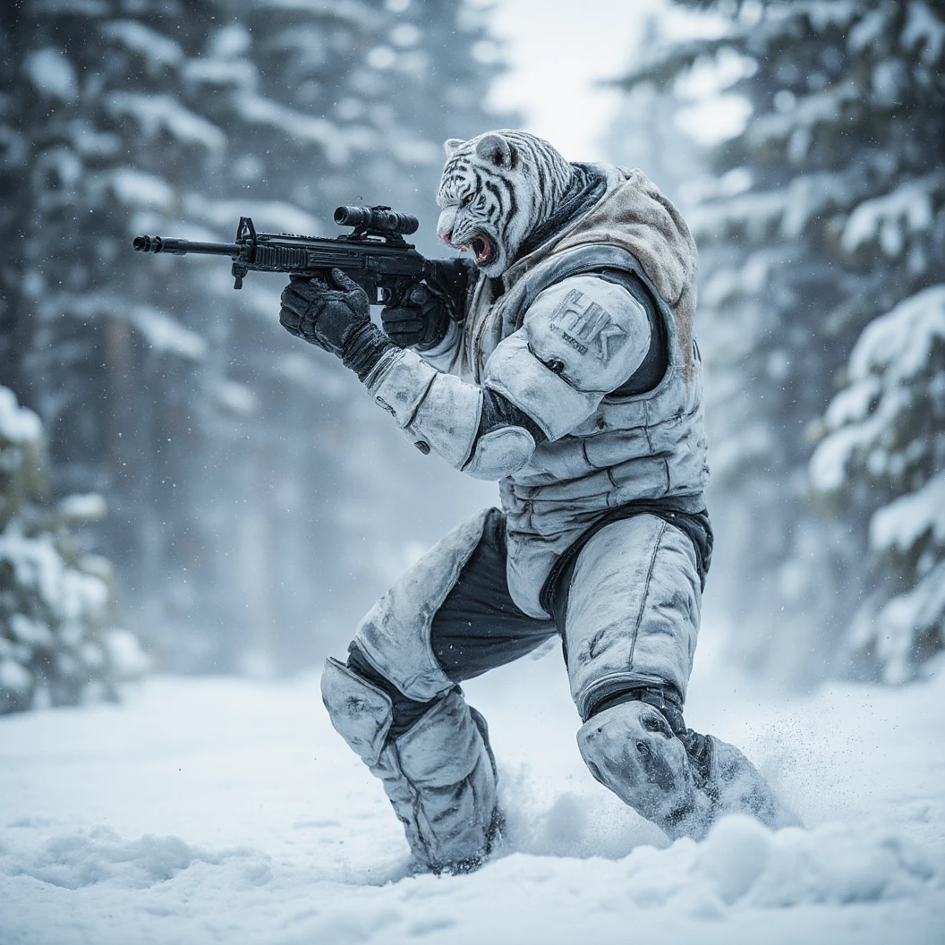 A muscular humanoid tiger soldier. Donned in white arctic armor. Dynamically walking in a combat pose, his rifle raised, through an arctic forrest. Looking down his rifle sights. Snow falling heavily. Wind blowing. Snowscape. The name "HK" etched on his armor. Dynamic Movement, Dynamic Pose. High Resolution, Masterpiece, Award Winning, Depth Of Field, Image Fill, Cinematic, Character Design, Conceptual Art, Hyperdetailed, Hyperrealism, Floating Particles, Dramatic