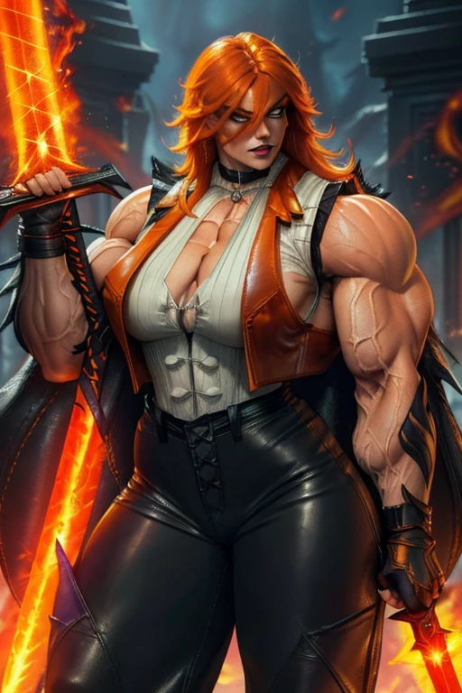 ((Close-up)), tall, (orange hair) beautiful muscular woman, long shaggy hair, pale white skinned, large breast, closed smile, (black lipstick), (massive muscles), (hyper muscle), ((ginormous bulky muscles)) green eyes, (((orange leather vest))), (((long pleated skirt))), ((carrying a orange fire sword)), choker, boots, in a mystical school,