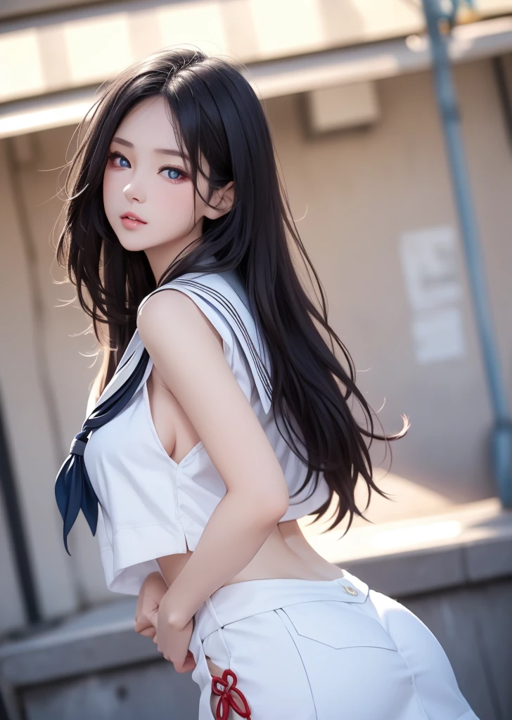 Long straight parting hair, hair bang, sailor hat and tie, tube top, abs stomach, short shirt, harbour background
