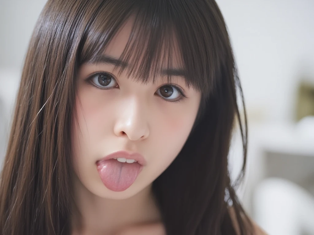 The high resolution photograph of a young Japanese female idol, solo, 1girl, (wearing a strapless off-shoulder dress), portrait, looking at the camera, (straight long black hair with blunt bangs), pale skin, detailed face, detailed eyes, seductive eyes, natural make-up,
(aahegao, tongue out, dr00l), indoors, 