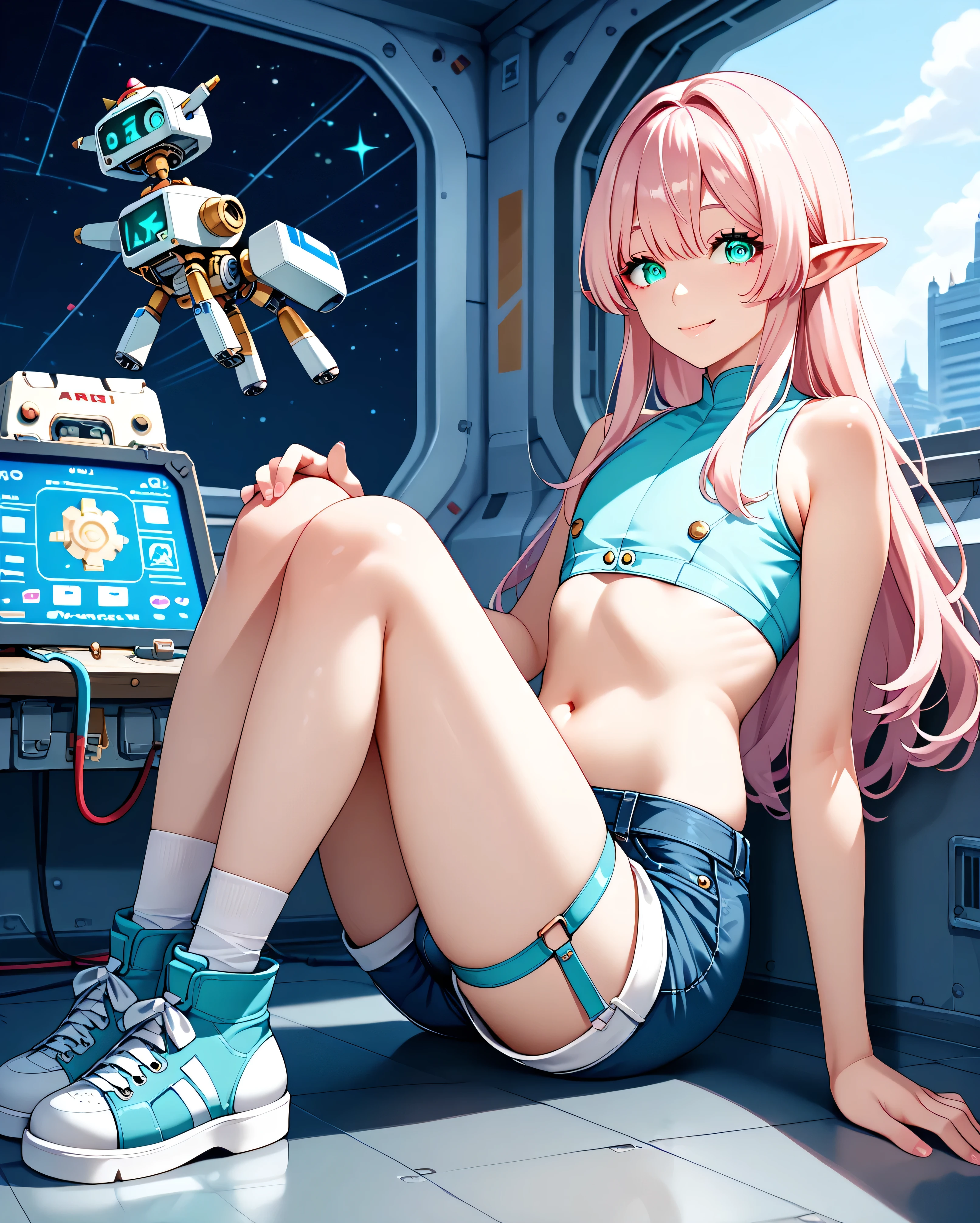 (((best quality, masterpiece))), spacecraft_interior(((giant humanoid mech in background))), elf, (((17years old))), (((fake girl, otoko no ko, femboy, girly))), (((light pink long hair, turquoise_eyes))), (((crossdressing, crop top, short pants, sneakers, knee high))), light smile, mature, uncensored