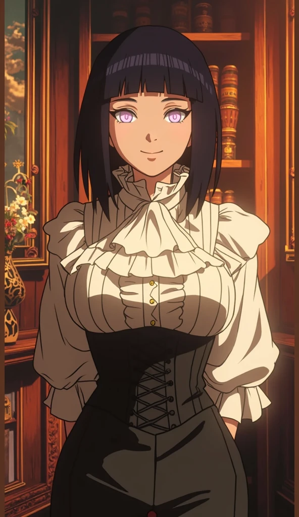 1 female, One piece art style, short girl, realistic lips, black choker, hourglass figure, polo with exposed with cleavage, frilly dress bowl cut, black hair, hourglass figure, white eyes, red glasses, in an apartment, sigh, best quality.