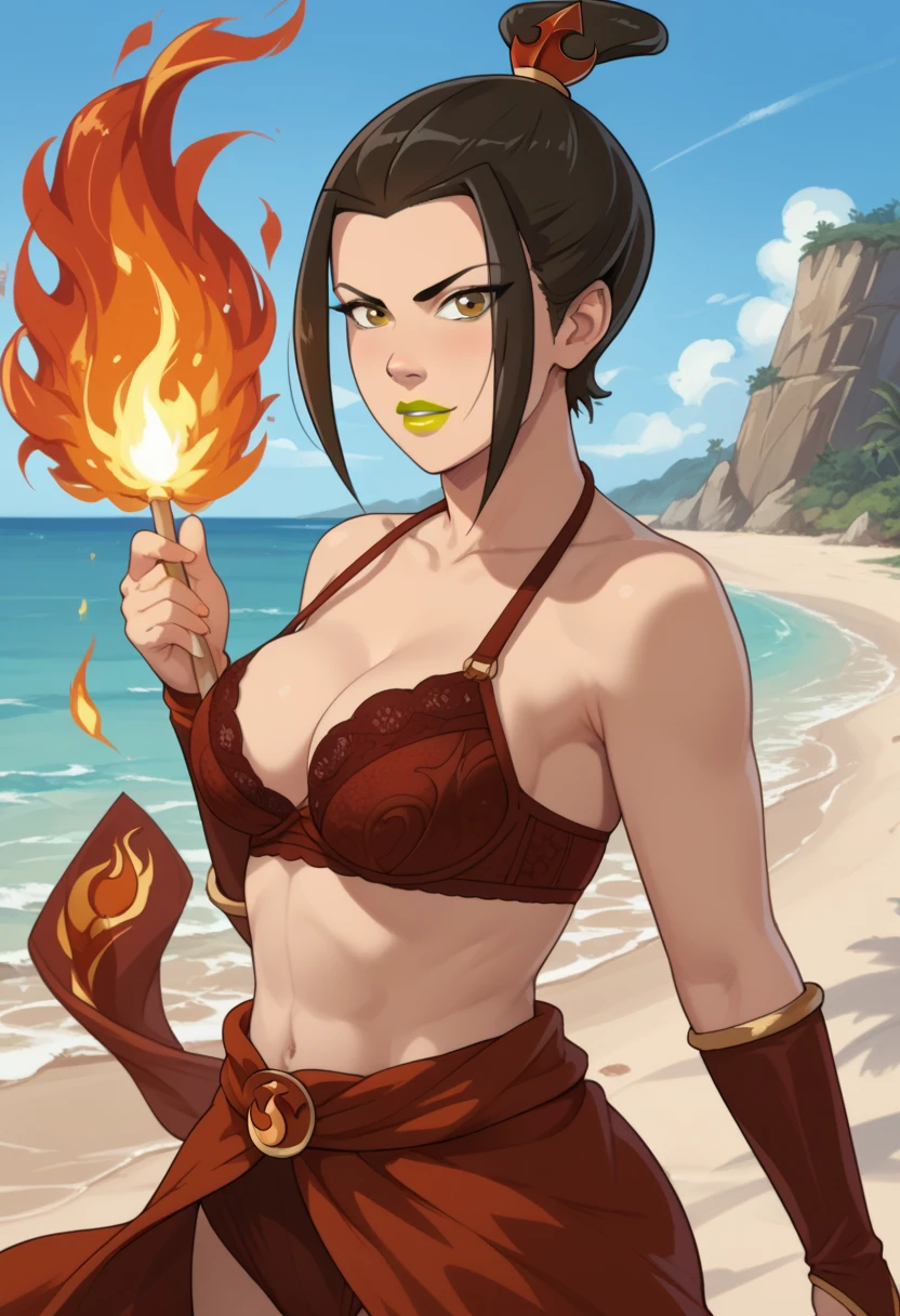 ((masterpiece), best quality, high quality, professional quality, highly detailed, highres, perfect lighting, natural lighting), Sorcerer casting bolts of lightning from their fingertips, Prodigy, Average Height, Ripped, Triangular Face, Olive Skin, Platinum Blonde Hair, hazel Eyes, Short Nose, Pouty Lips, Receding Chin, Garibaldi, Crew Cut, Pompadour, A volcanic wasteland, with rivers of fire flowing into a molten sea,apocalyptic, holographic interface, A tidally locked planet, with one side always facing its sun and the other perpetually shrouded in darkness., Dyson Sphere, hippogriff, sphinx,Evaporating slowly, bikini, Artist, Short, in shape, Triangular Face, Fair Skin, Black Hair, Brown Eyes, Wide Nose, Thin Lips, Sharp Chin, Shoulder-Length Hair, Fine Hair, Bangs with Highlights, full breasts, Clip-on earrings, green velvet lipstick, Droplets clinging to the edges, Gentle ripples on a pond