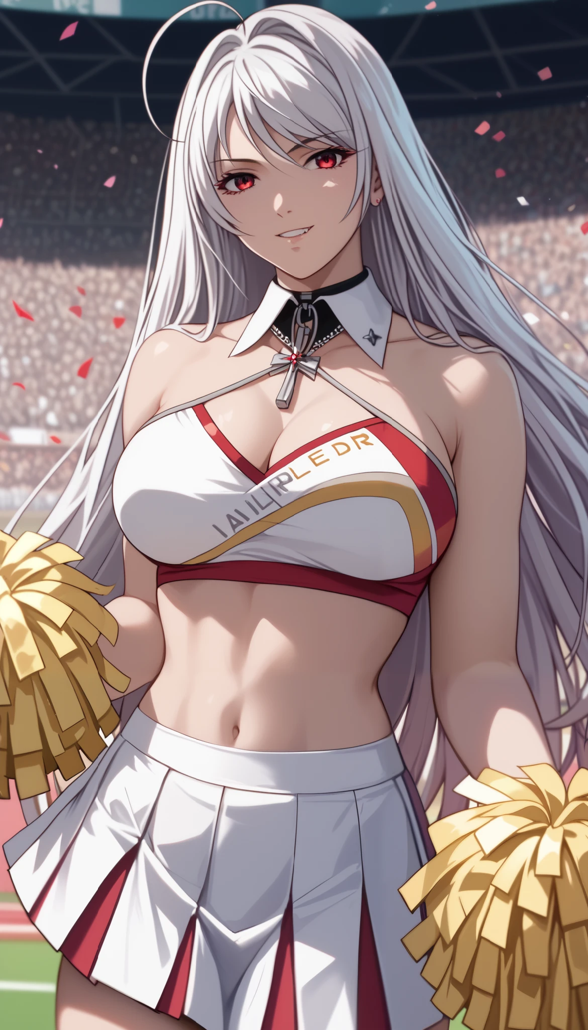 vampire moka akashiya, long hair, red eyes, ahoge, white hair, large breasts, cheerleader, detached collar, white crop top, two-tone crop top, midriff, criss- cross halter, two-tone skirt, white skirt, miniskirt, pleated skirt、Light smile、Shiny Hair、Tight waist、Small waist、Glowing Skin、eight-headed body、Beauty、