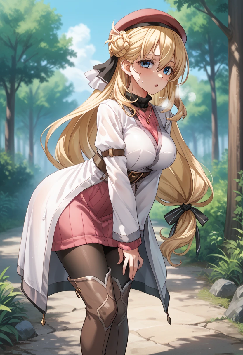 score_9, score_8_up, score_7_up, score_6_up, score_5_up, score_4_up, BREAK source_anime,
(1girl), (solo), sfw,  Agnes Claudel, tall body, mature body, beautiful face, cute face, blonde hair, long hair, blue eyes, large breasts, hair ribbon, beret, white coat, turtleneck dress, necklace, belt, pink skirt, pantyhose, brown boots, thigh boots,, (full body shot), ((side view)), looking at viewer, outdoors, sky, trees, 
racoonsan,, (standing up), ((bending forward)), exhausted, heavy breathing, sweating, wet, moaning, aroused. In peril, mouth open, touching her chest with ((one hand))), (worried expression)