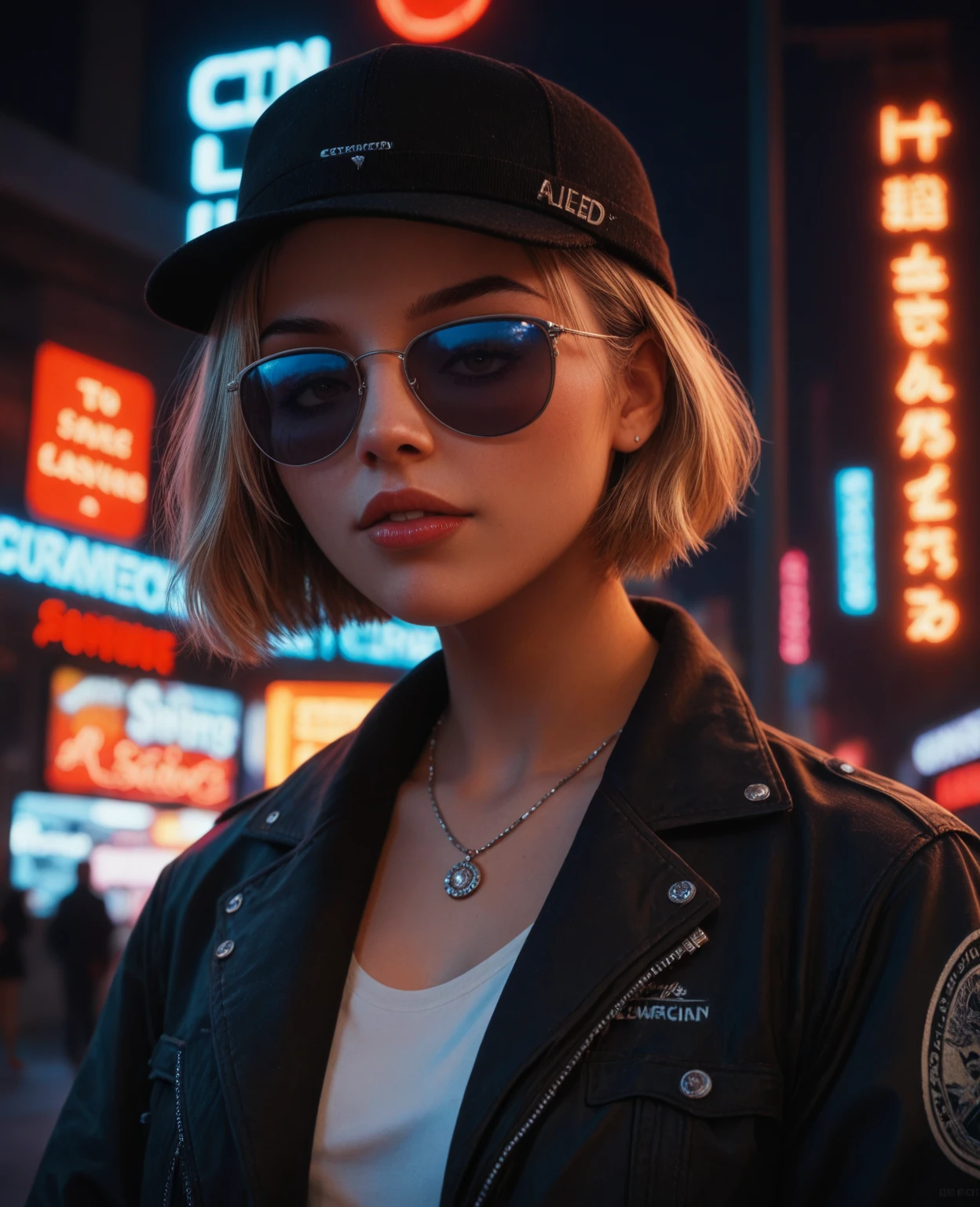 Enlarged face, alternative girl, watching through black sunglasses, jacket, necklace, neon light reflections on the skin, shaving, makeup, skin blemishes, short hair, small hat, neon lights background, poor lighting, depth of field, detailed in high detail, high contrast, film grain, margin lighting, long exposure, digital reflective camera for events