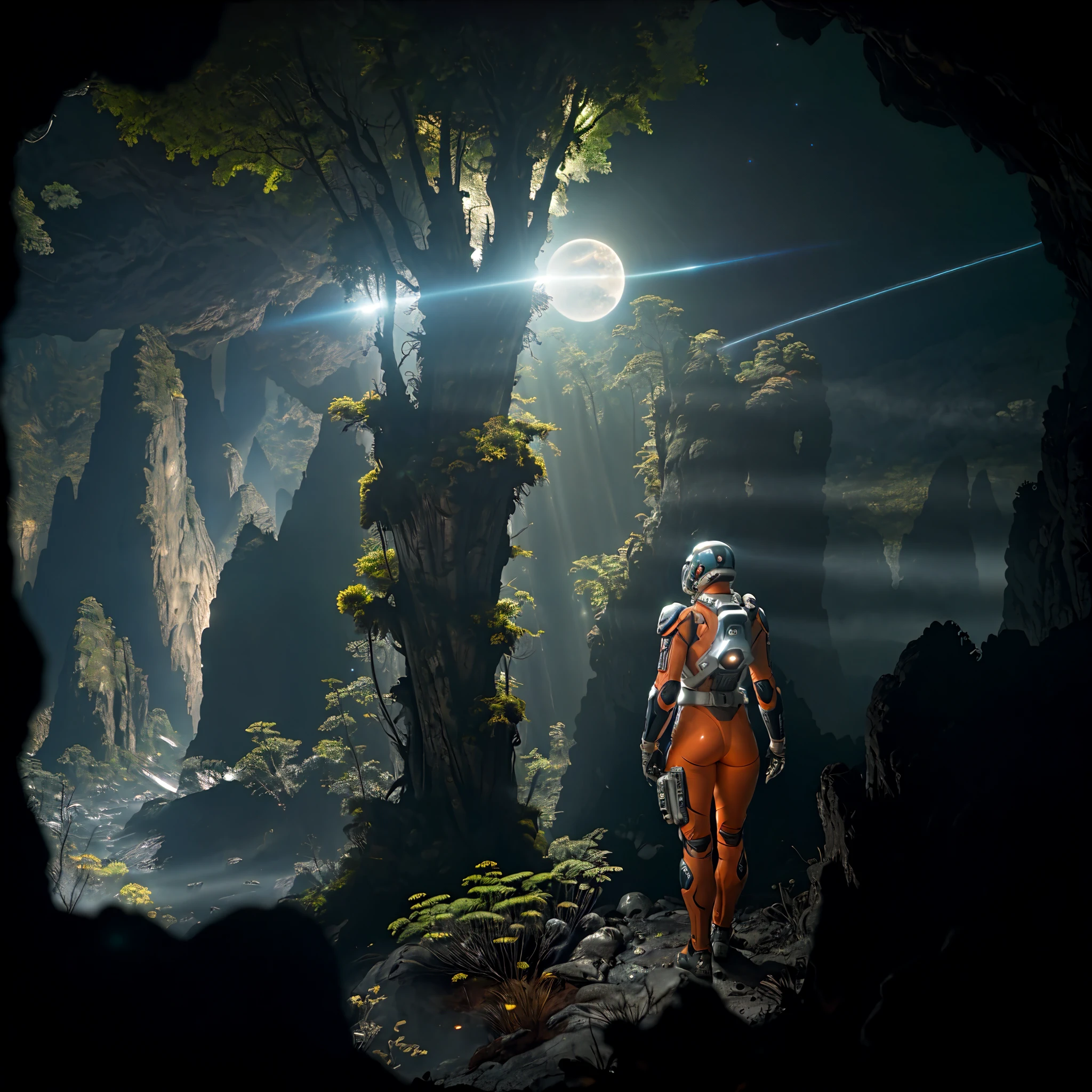Highly detailed RAW color Photo, Rear Angle, Full Body, of (female space soldier, wearing orange and white space suit, helmet, tined face shield, rebreather, accentuated booty), outdoors, (leaning over rocky ledge, looking out at advanced alien structure), toned body, big butt, (sci-fi), (mountains:1.1), (lush green vegetation), (two moons in sky:0.8), (highly detailed, hyperdetailed, intricate), (lens flare:0.7), (bloom:0.7), particle effects, raytracing, cinematic lighting, shallow depth of field, photographed on a Sony a9 II, 50mm wide angle lens, sharp focus, cinematic film still from Gravity 2013