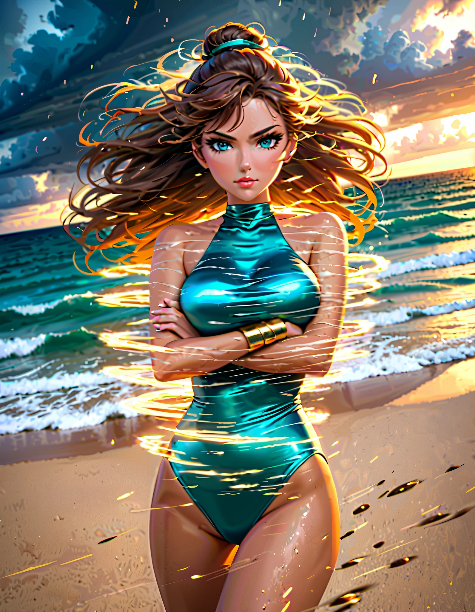 Full retro body of a 25-year-old woman, clutching her hair with two buns, large breasts and large butt, wearing a bright green and yellow sweatshirt with the closure open, revealing part of her breasts and abdomen, wearing only the bottom of a bikini, the bottom of the bikini is very intense turquoise, With a beach background, hyper-realistic, 8K resolution, cinematic lighting, highly detailed face features --auto --s2