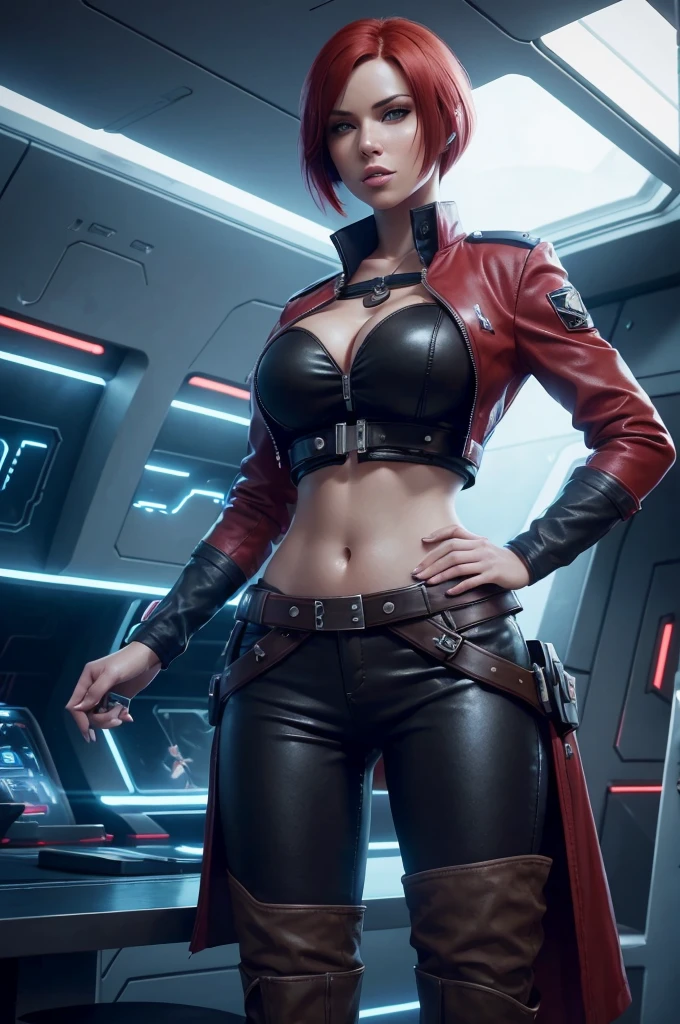 A beautiful woman with a red bob cut, wearing a short jacket and standing with a military bearing, as the captain of a futuristic starship, in a flirty pirate-inspired pose, revealing her midriff and cleavage, 8k, photorealistic, highly detailed, cinematic lighting, epic sci-fi scene, dynamic composition