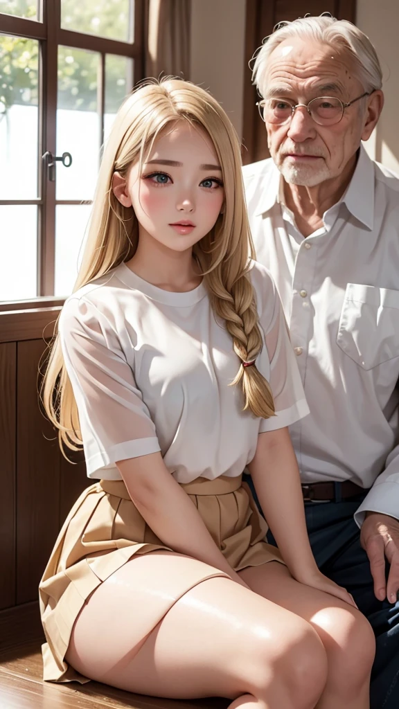 (A high school girl sitting on old male:1.4), ((Highest quality)), ((masterpiece)), (detailed), Braided long hair, ((Blonde)), (reverse upright straddle:1.3), (girl on top), (old man behind the girl:1.4), (licking), Very cute eyes, False eyelashes, (((Watery eye))), (surprised), (She's in trouble), Glossy thick lips, Glowing White Skin, Pleated skirt, outside, moonlight, shooting star, Wind