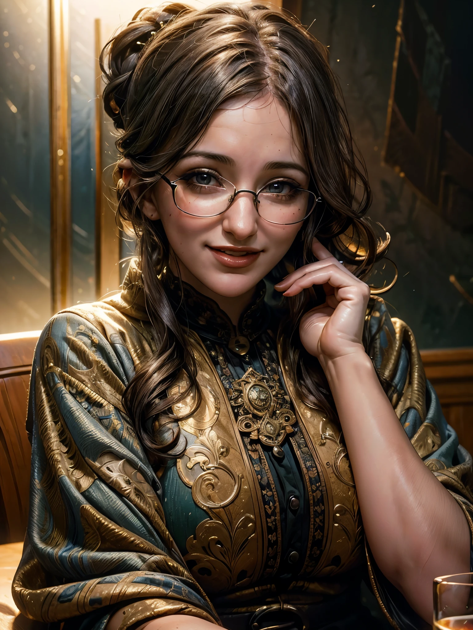 a beautiful young Turkish woman with curly long dark hair, thick-framed glasses, hair up, laughing, detailed face, intricate hairstyle, ornate glasses, expressive eyes, detailed portrait, oil painting, cinematic lighting, warm color palette, vibrant colors, photorealistic, masterpiece, ultra-detailed, 8k, highly realistic, exquisite detail, dia.zerva