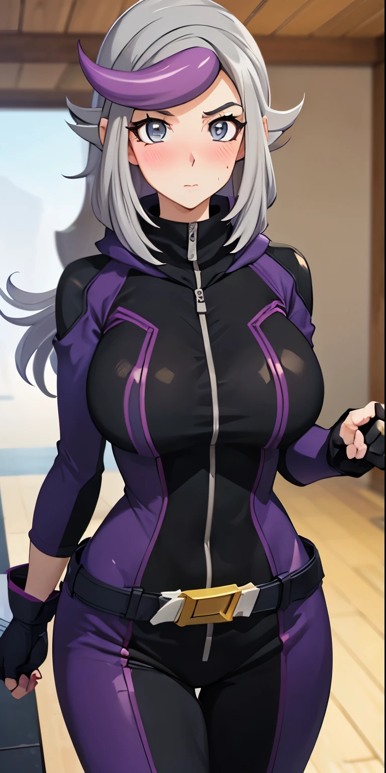 1 Female,High definition,high resolution,Ultra-realistic,8K, 1girl,  (emma_bessho:1.2),  (grey hair:1.2),(  purple hair:1.2),  grey eyes,  low-tied long hair,  (large breasts:1.2),  (wide hips:1.2),  (purple bodysuit:1.2),  (long sleeves:1.2),  pants,  (black gloves,  fingerless gloves:1.2),large breasts,European,sexy,Upper body close-up,Photographed from the front,Dynamic Angles,blush, medium tits,large tits,cute face, facial, sweat,(pov, closed shot:1.2)