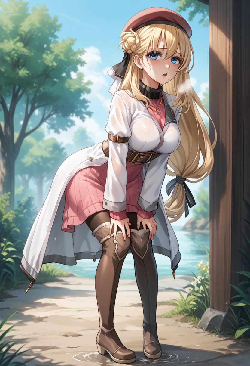 score_9, score_8_up, score_7_up, score_6_up, score_5_up, score_4_up, BREAK source_anime,
(1girl), (solo), sfw,  Agnes Claudel, tall body, mature body, beautiful face, cute face, blonde hair, long hair, blue eyes, large breasts, hair ribbon, beret, white coat, turtleneck dress, necklace, belt, pink skirt, pantyhose, brown boots, thigh boots,, (full body shot), ((side view)), looking at viewer, outdoors, sky, trees, 
racoonsan,, (standing up), ((bending forward)), exhausted, heavy breathing, sweating, wet, moaning, aroused. In peril, mouth open, (hands touching knees), (pain expression), eyes closed