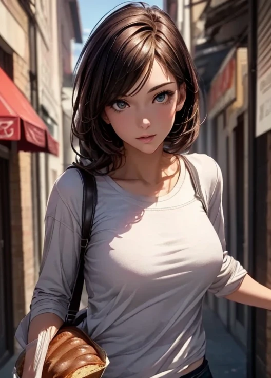 (Attack on Titan, Mikasa Ackerman), brown skin, white dress, (short black hair), young, cute, beautiful girl, perfect style, big, emphasizing cleavage, expressionless, realistic, photoreal, 8k, highly detailed, highest quality, best quality, super high definition, masterpiece, one girl, (background is American Broadway),