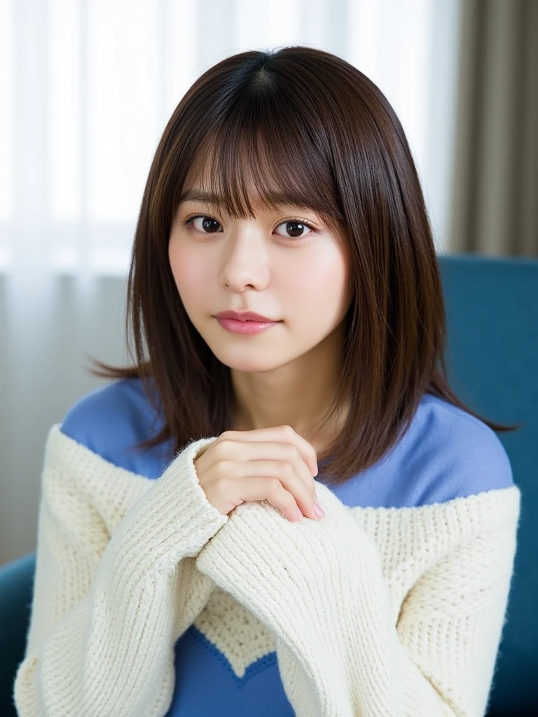 hikari_kabashima, The image is a portrait of a young Asian woman with shoulder-length brown hair and bangs. Snow-white skin. She is wearing a blue top and a white knitted sweater. The woman is sitting on a blue couch and is looking directly at the camera with a slight smile on her face. Her hands are clasped together in front of her chest, and she is holding the sweater with both hands. The background is blurred, but it appears to be a living room with a window and curtains. 

Natural lighting. 