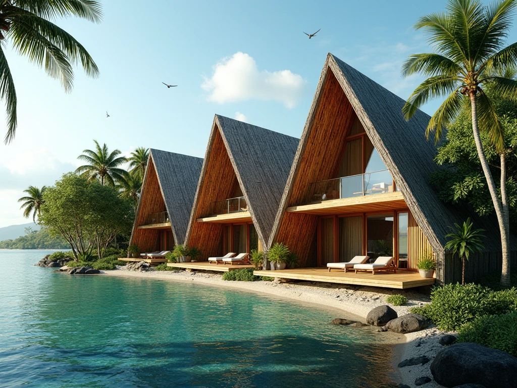 create an exterior rendering of triangular villas in the Caribbean near a lagoon with materials such as chukum and bamboo as if it were a modern village between trees and nature, having a natural and harmonious connection 