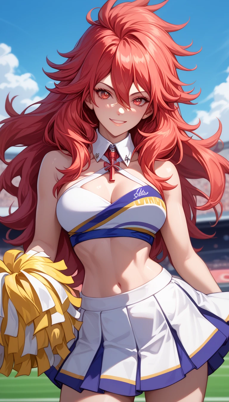 8k, highres, ultra detailed, (masterpiece:1.4), 1girl , bare shoulders , blush , cheering , cheerleader , crop top , fox ears , fox girl , fox tail , hair ornament , highleg panties , holding pom poms , long hair , looking at viewer , midriff , miniskirt , monochrome , navel , open mouth , panties , pom pom (cheerleading) , simple background , small breasts , solo , spot color , yellow eyes,tamamo (fate)