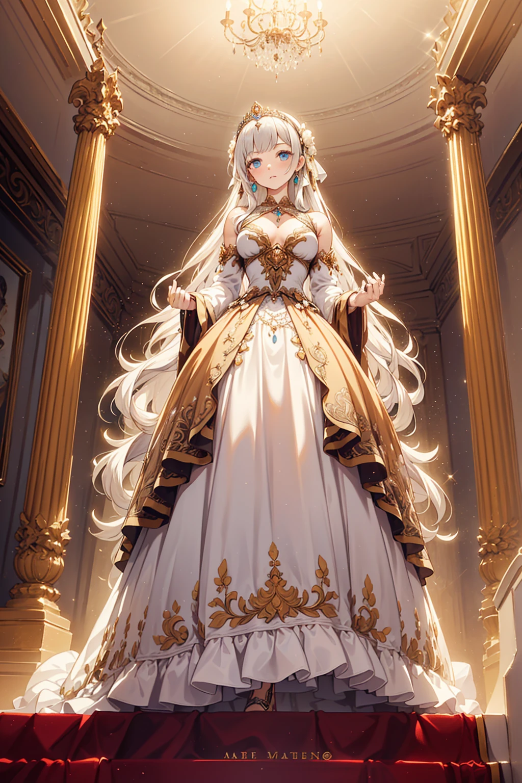 ((anime moe artstyle)),anime art,((Masterpiece)),(Best Quality), (Super Detail),(((Very Delicate and Beautiful))),Solo,((full body)),full body portrait,((1 setting anime princess in a beautiful embroidery and jeweled enormous luxurious voluminous crinoline rococo ballgown)),(((very very gigantic tits,cleavage,curvy))),Skindentation,((fantasy castle)),((crinoline,long train,voluminous full length hoop skirt)),beautiful embroidery and jeweled,(((enormous luxurious voluminous crinoline rococo ballgown))),(detailed face and eyes),jewel-like eyes,((extremely voluminous straight Hair,Extremely Long Straight Hair)),extremely gorgeous hair ornament,((extremely gorgeous bling-bling big tiara)),bling-bling luxurious jewelry,Beautifully detailed lots of lace and ruffles,(Dynamic Angle),((beautiful embroidery and jeweled gorgeous enormous luxurious voluminous crinoline rococo ballgown)),voluminous full length hoop skirt,full body