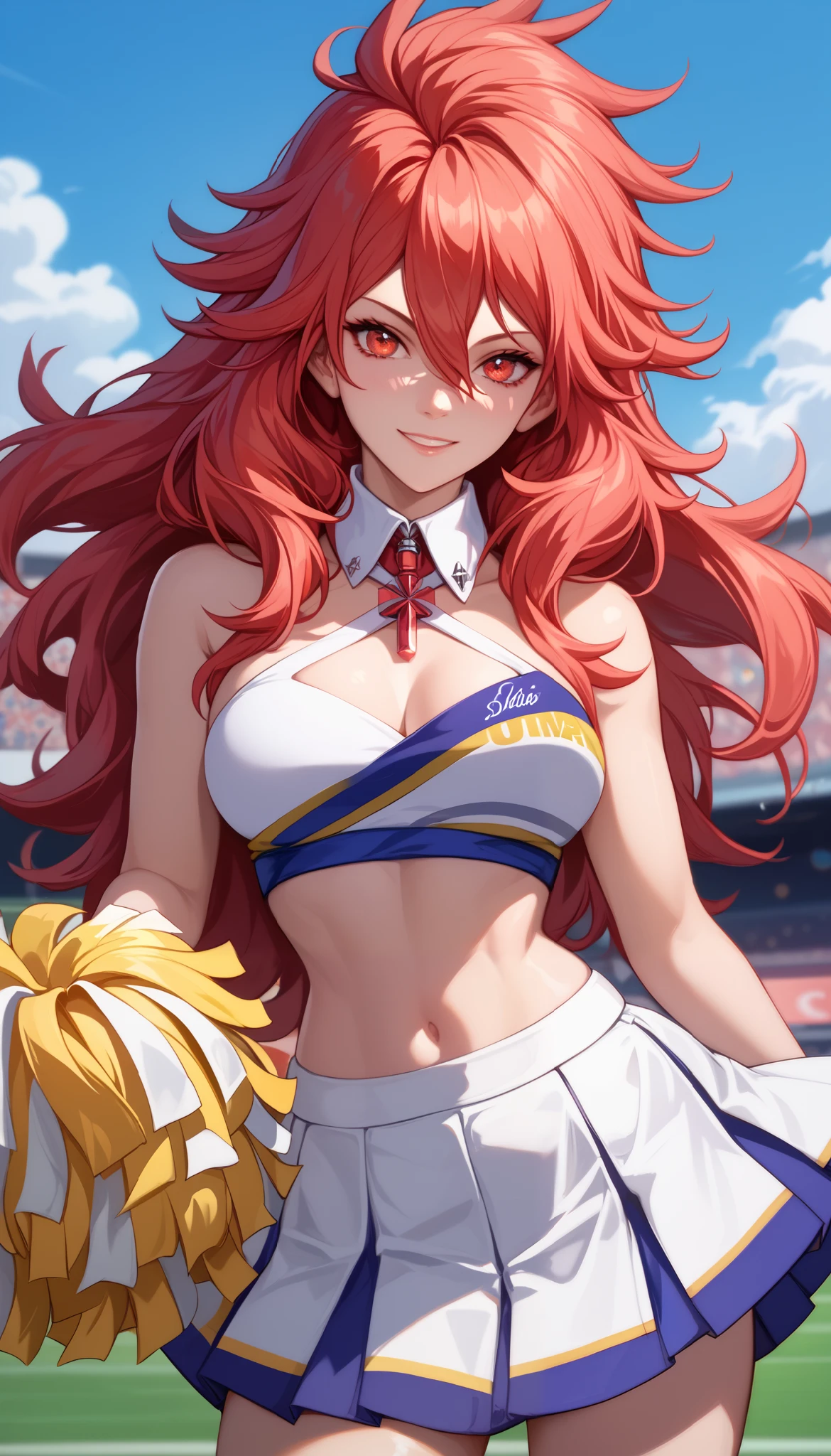 long hair, 1girl, breasts, red eyes,, hair between eyes,KanadeCasual, cheerleader, detached collar, white crop top, two-tone crop top, midriff, criss- cross halter, two-tone skirt, white skirt, miniskirt, pleated skirt、Light smile、Shiny Hair、Tight waist、Small waist、Glowing Skin、eight-headed body、Beauty、
