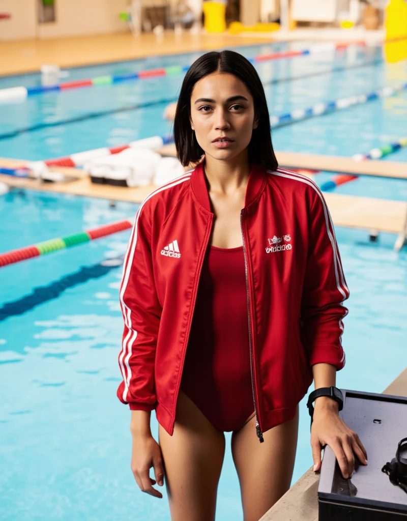 "Cinematic shot of a beautiful young female swimming coach. She has shoulder-length black hair. Her bright black eyes are fixed on the viewer. Her body is slim. She is wearing a red swimsuit under a red Adidas jacket. Smartwatch on her wrist. She is standing next to an Olympic-sized swimming pool. Outdoors, natural light, shallow depth of field, bright colors, close range"