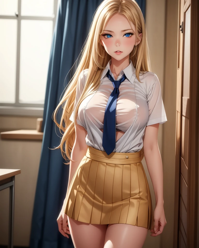 absurdres, (masterpiece, best quality), (ultra-detailed), extremely detailed,super high resolution, (Top Quality photorealistic Illustration), (Super Definition), (best quality,masterpiece:1.0),(cute illustration:1.3), (high Saturation:1.2), highres, ultra-detailed, 32k,8k resolution, intricate details, cinematic scene, detailed background, detailed background, super high precision, hiquality, top-quality, dynamic angle, close to viewer,breast focus,looking at viewerliving room, sofa BREAK the beauty of one beautiful girl, shiina mahir, aamahiru, (round face:1.6), (baby face:1.6), (kawaii:1.6), (cute:1.6), (:1.6), (slim body:1.6), (narrow waist, narrow thighs:1.6), (narrow stomach:1.6),Brown-eyed, high resolution eyes, beautiful eyes, light in the eyes, blonde long hair, fine-grained skin, red cheeks, BREAK (show off nipples:1.8), (exposing bare breasts:1.8), (exposed chest:1.8), (no bra:1.8),(open shirt:1.6),beautiful small breasts, (small nipples:1.6), (small areolas:1.6), red bowtie, white shirt, (very short mini skirt, plaid skirt:1.6), (skirt lift:1.8), (very small pantie:1.8), short sleeves, brown skirt, red bowtie, blue jacket, smile
