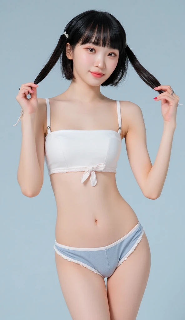 1 girl, solo, (nsfw), cute redhead 18-year-old girl in twin tails, ((perfect female body)), (cute face make up),  happy, Ukrainian, (petite body), ((small hips)), pale white skin, (panties and crop top), (night time:1.2), photo realistic. thick thighs