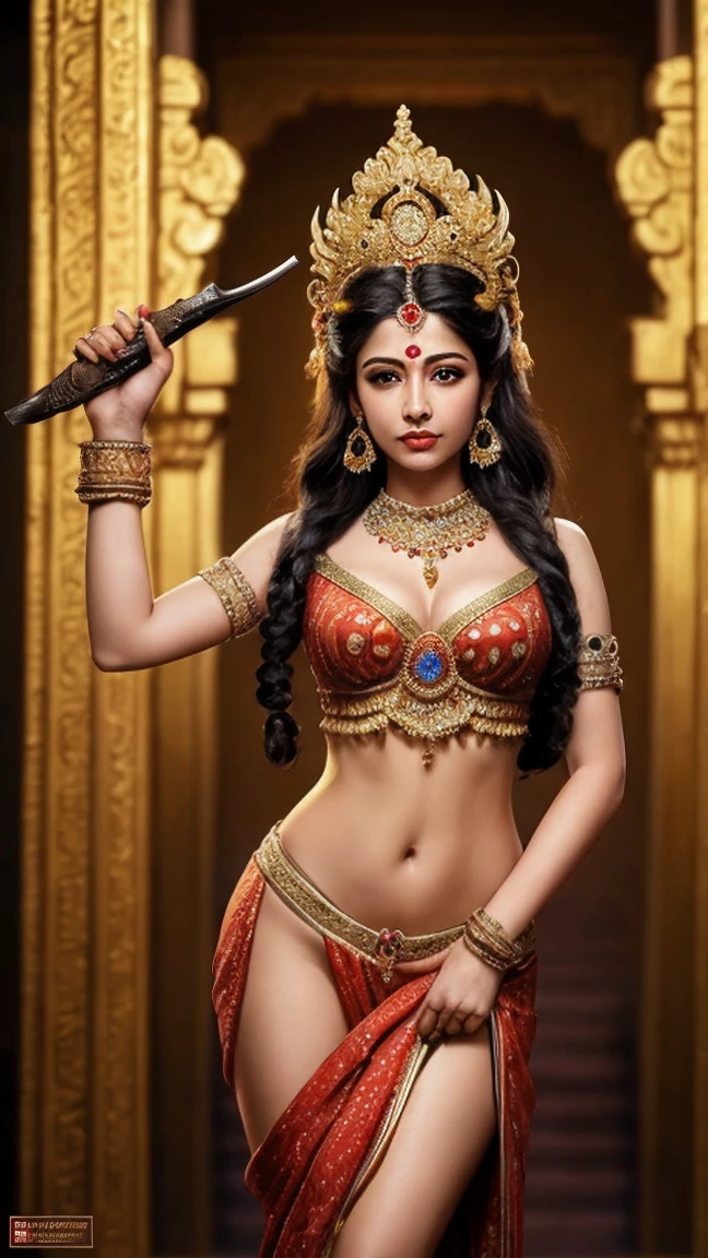 highly detailed, masterpiece, best quality, hyperrealistic, 8k, ultra-detailed, extremely realistic, photorealistic, extreme detailed, sharp focus, physically-based rendering, professional, vivid colors, studio lighting, oil painting, baroque style, by Peter Paul Rubens, acrylic on canvas, a goddess with greenish skin, big breasts, curvy waist, long hair, smiling expression, intoxicated eyes, garland of kadamba flowers, various ornaments, perspiring around the face, three horizontal folds of skin below navel, fine vertical line of hair reaching her belly botton, seated on a corpse throne, wearing red saree, holding a skull in left hand and a sword in right hand