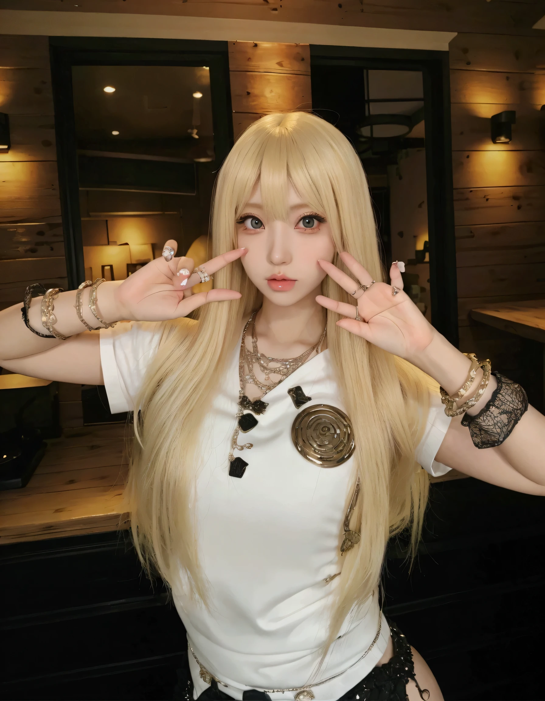 (Highest quality、4K、8k、High resolution、masterpiece:1.2)、Very detailed、(Genuine、Realistic、Realistic:1.3)、Many piercings all over the body、Japanese Gal、blonde、Gal Makeup、Gal Fashion、Gold Bracelets、Gold Necklace