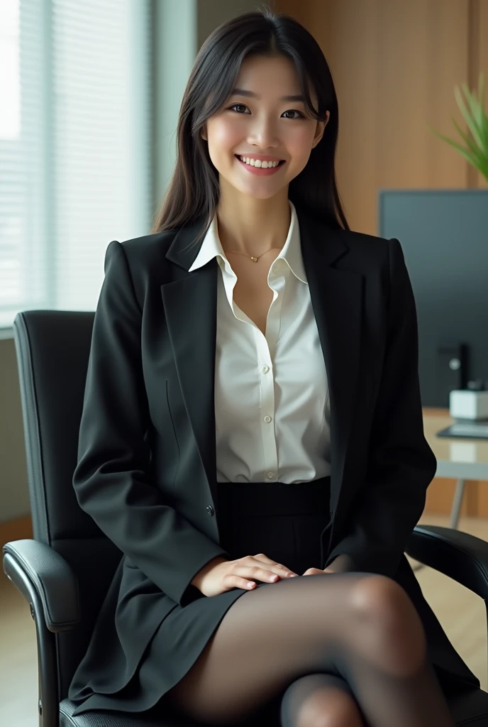 Long sleeves, long skirts、Not sexy. no exposed skin 、 wear clothes, Office Lady Miniskirt ホワイト Suit Black Hair Smiling Smile Full Length Glasses Office Asian Beautiful Woman Company high quality, smile, light smile 黒ストッキング
