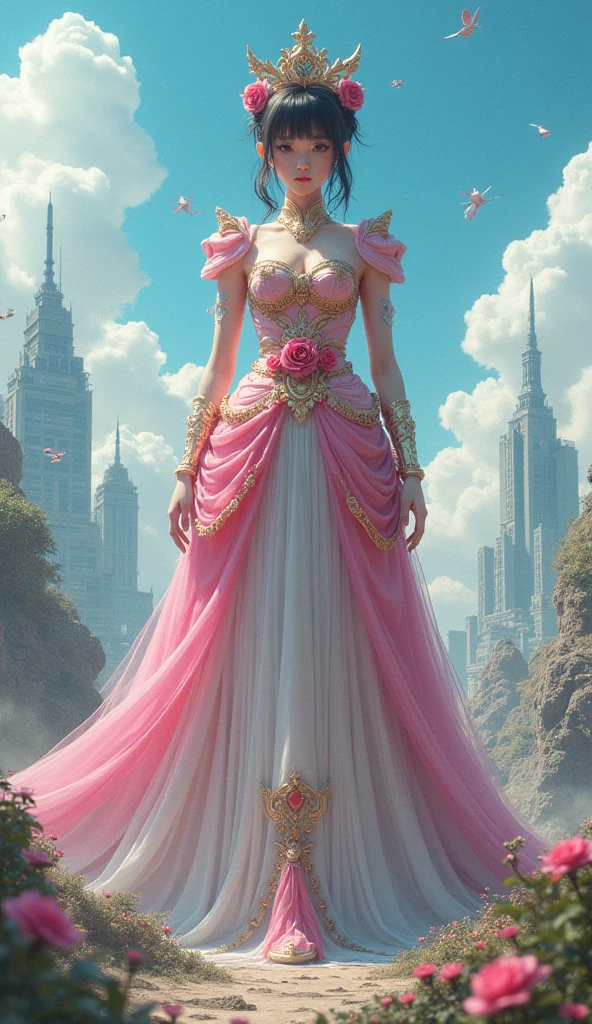 Young woman, the giantess, above skyscrapers, above the sky, huge tits, Huge hips, wide hips, Chinese dress