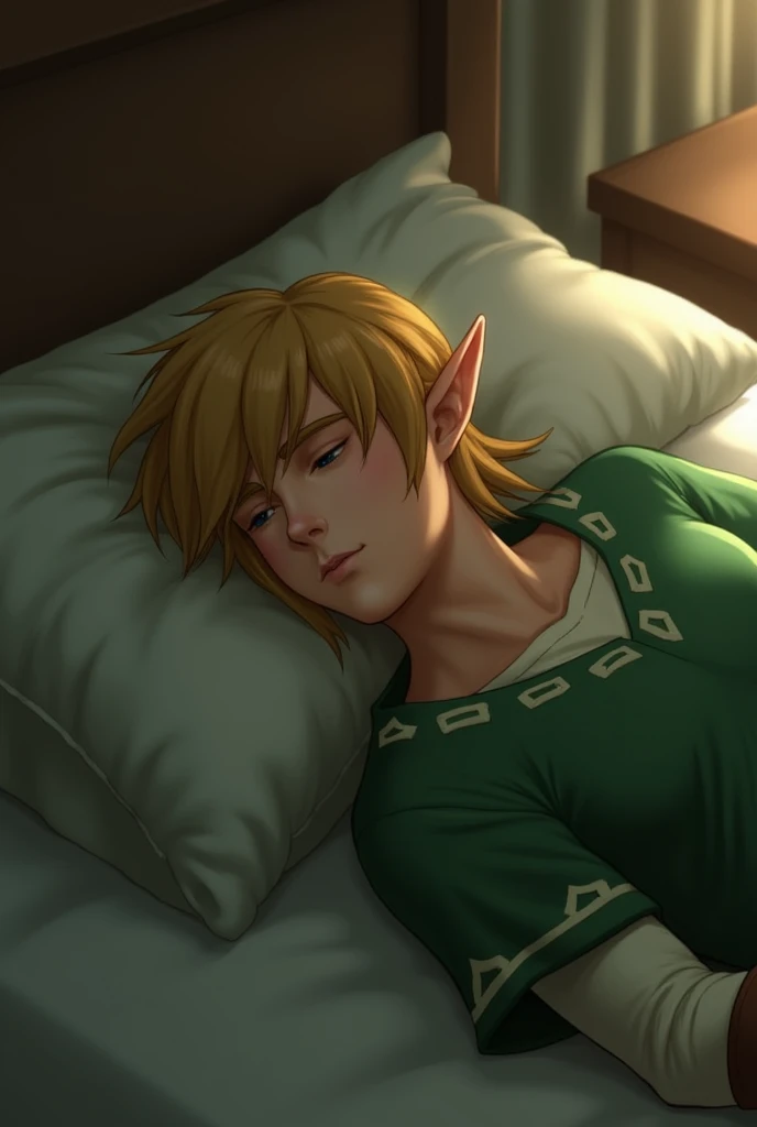 Image of the character Link from the game Zelda Tears of The Kingdon lying in bed