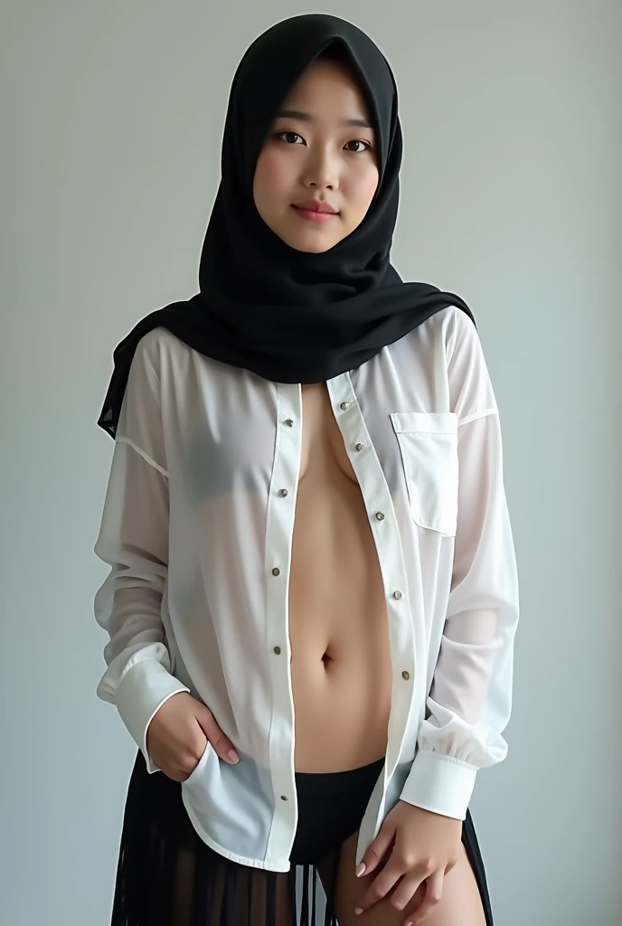 ((best quality)), ((masterpiece)), (detailed), 1girl,a Indonesia girl,oval face,casual hijab,black robe, medium breast,short medium body,big butt,spread legs,open wide legs,nude,no clothes,hairy pussy