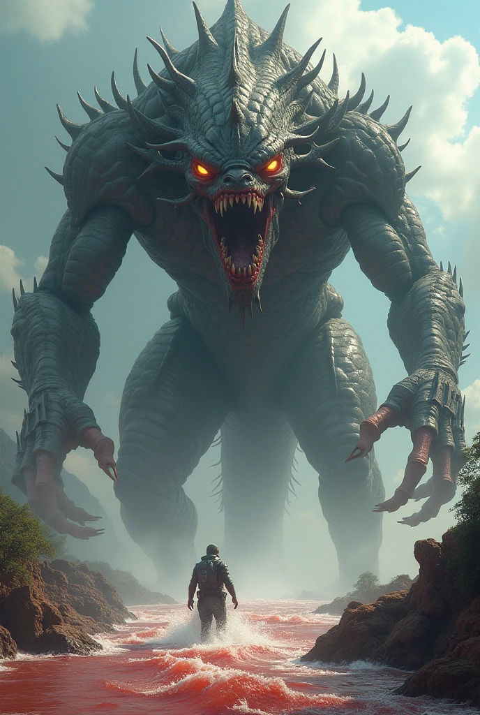 A very detailed painting，Depicts a man on a hill gazing at a giant alien monster, author：Shinkai Makoto, By Art Jem, From Wlop, author：Greg Rutkowski, Volumetric Lighting, Octane Rendering, 4K resolution, Popular on artstation, masterpiece ,wind magic