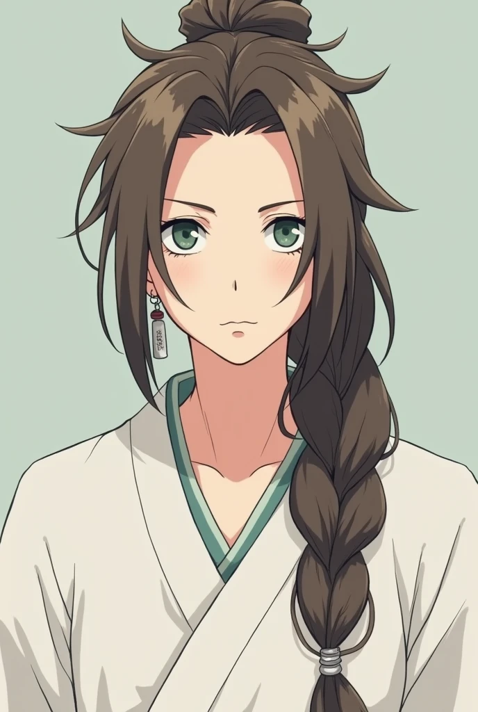  Create a male anime character in the style of Naruto ,  with long brown hair braided in a sloppy braid,  and the front strands in front of his face .  He has fair skin and beautiful eyes with cat arrows ,  eyes He has dark green .  He has a slender, thin build ,  dressed in a woman's white kimono . He has refined ,  thin and feminine features . BEAUTIFUL.  Wears long silver earrings . HE HAS NO CHEST. Make your facial features more masculine
