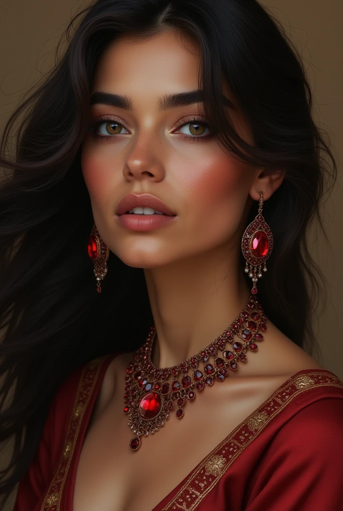realistic portrait of an extremely beautiful Mexican woman, wearing a tight red Nadia Long Sleeve Scoop Back Midi Dress, wearing a choker, detailed facial features, piercing eyes, wearing a headdress, elegant long eyelashes, beautiful lips, delicate nose, intricate jewelry, dramatic lighting, highly detailed, photorealistic, 8k, cinematic composition, dramatic pose, masterpiece