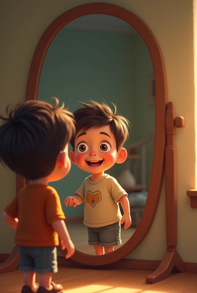 Image type: Pixar cartoon of a boy, short brown hair, big cage eyes, Expression of a happy and friendly child. The boy is standing in front of a mirror with a sad face and sees his reflection very thin and weak.