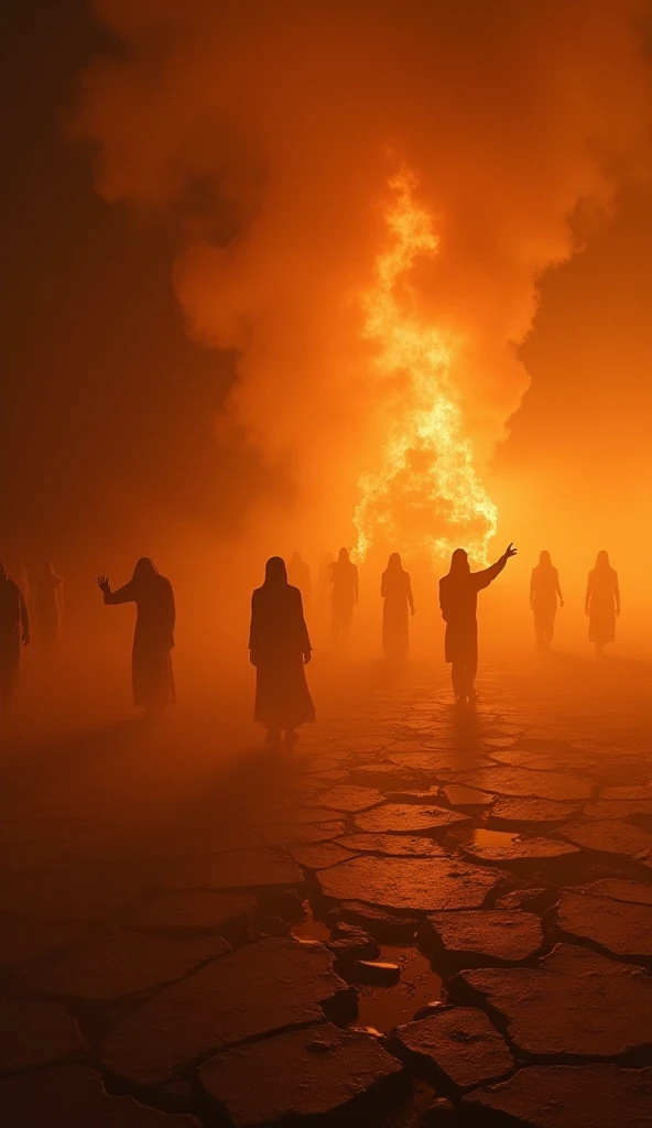 silhouettes of mysterious beings walls in dark blue tones orange smoke looking like a ghost from the past haunting the icy landscape