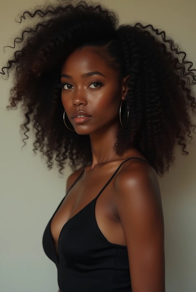 BEAUTIFUL BLACK WOMAN, brown eyes and curly hair, with full breasts and short clothes!
