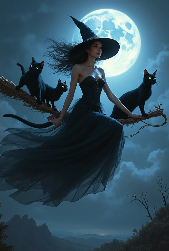 ((best quality)), ((masterpiece)), (detailed), 2d flat illustration, a drawing, a black silhouette of a very beautiful witch, very detailed anatomically correct body, she wears a big black witch’s hat, a black cat is near her, moon and stars are behind her, no background 