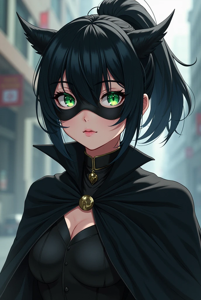  Anime style. VERY HANDSOME SUPERHERO BUT WITH A VERY FEMININE AND BEAUTIFUL APPEARANCE,  WITH DARK HAIR IN A PONYTAIL AND BANGS. has green eyes. HE WEARS A BLACK OWL COSTUME ,  WEARS A BLACK CAPE WITH A COLLAR AND A BLACK OWL MASK.  full body . 