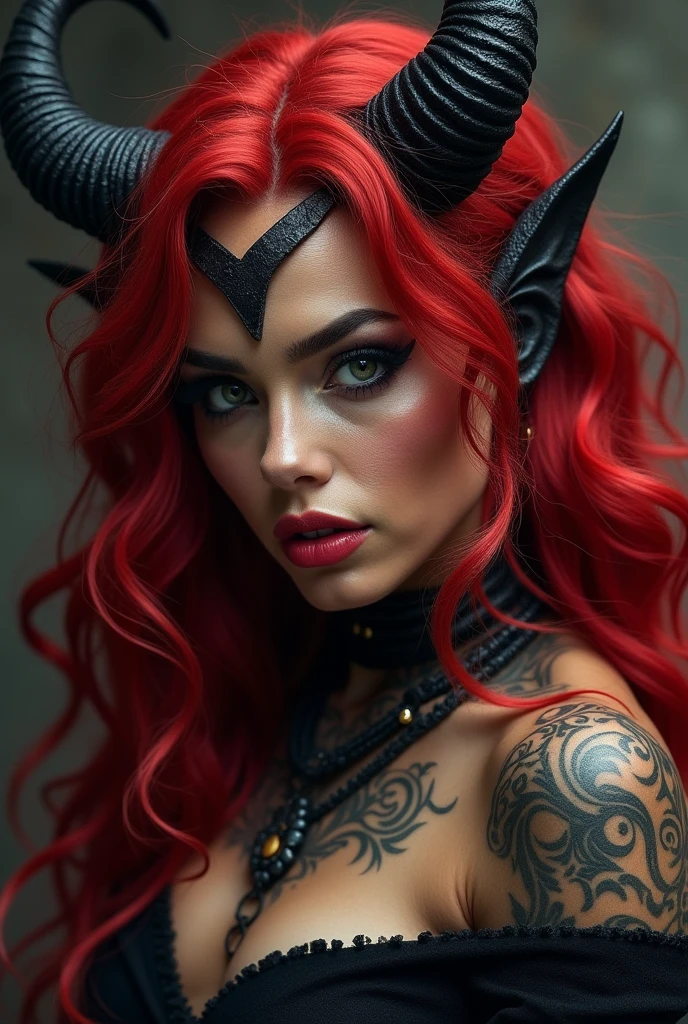 Highly detailed, Seductive erotic female with horns, Tight fitting shirts, (Busty, The are so huge that the shirt constantly destroys, Red hair), face centered, Face Focused, intricately detailed eyes,