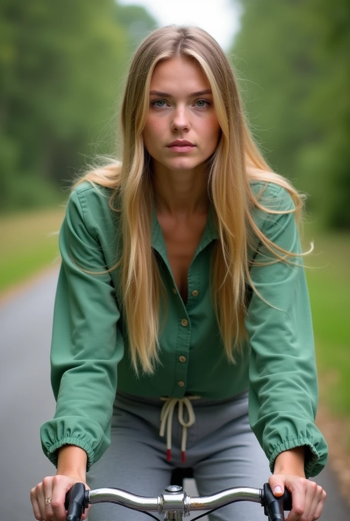Girl with blonde hair, rides a bike in the park, high detail, high quality, 8 K